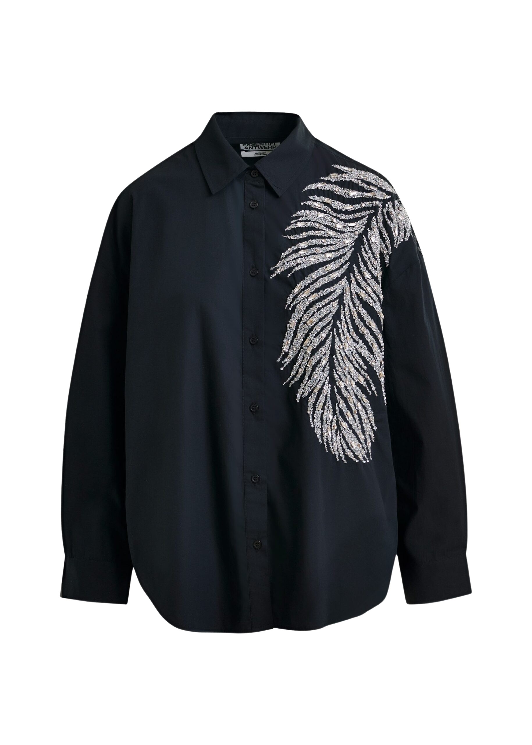 Essentiel Antwerp Black and silver oversized cotton shirt with sequin and bead embellishment
