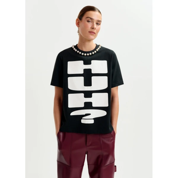 Essentiel Antwerp Black and white cotton T-shirt with "HUH?"- print and bead embellishments - Essentiel Antwerp Shirts - Colorful Belgian Design - Shop at Luxury Shoes 