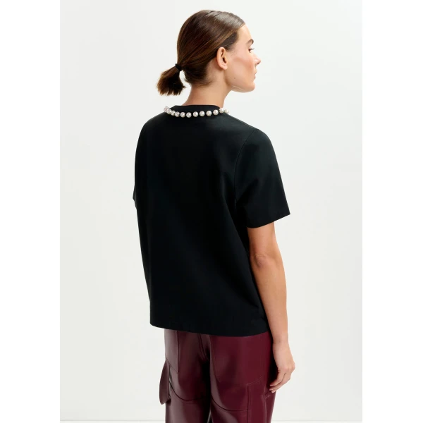 Essentiel Antwerp Black and white cotton T-shirt with "HUH?"- print and bead embellishments - Essentiel Antwerp Shirts - Colorful Belgian Design - Shop at Luxury Shoes 