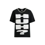 Essentiel Antwerp Black and white cotton T-shirt with "HUH?"- print and bead embellishments - Essentiel Antwerp Shirts - Colorful Belgian Design - Shop at Luxury Shoes 