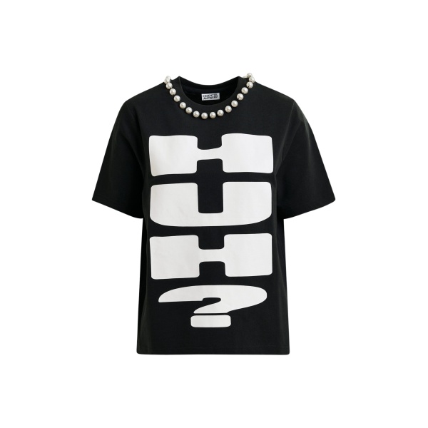 Essentiel Antwerp Black and white cotton T-shirt with "HUH?"- print and bead embellishments - Essentiel Antwerp Shirts - Colorful Belgian Design - Shop at Luxury Shoes 