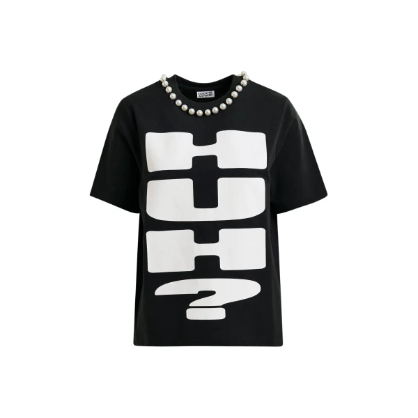 Essentiel Antwerp Black and white cotton T-shirt with "HUH?"- print and bead embellishments - Essentiel Antwerp Shirts - Colorful Belgian Design - Shop at Luxury Shoes 