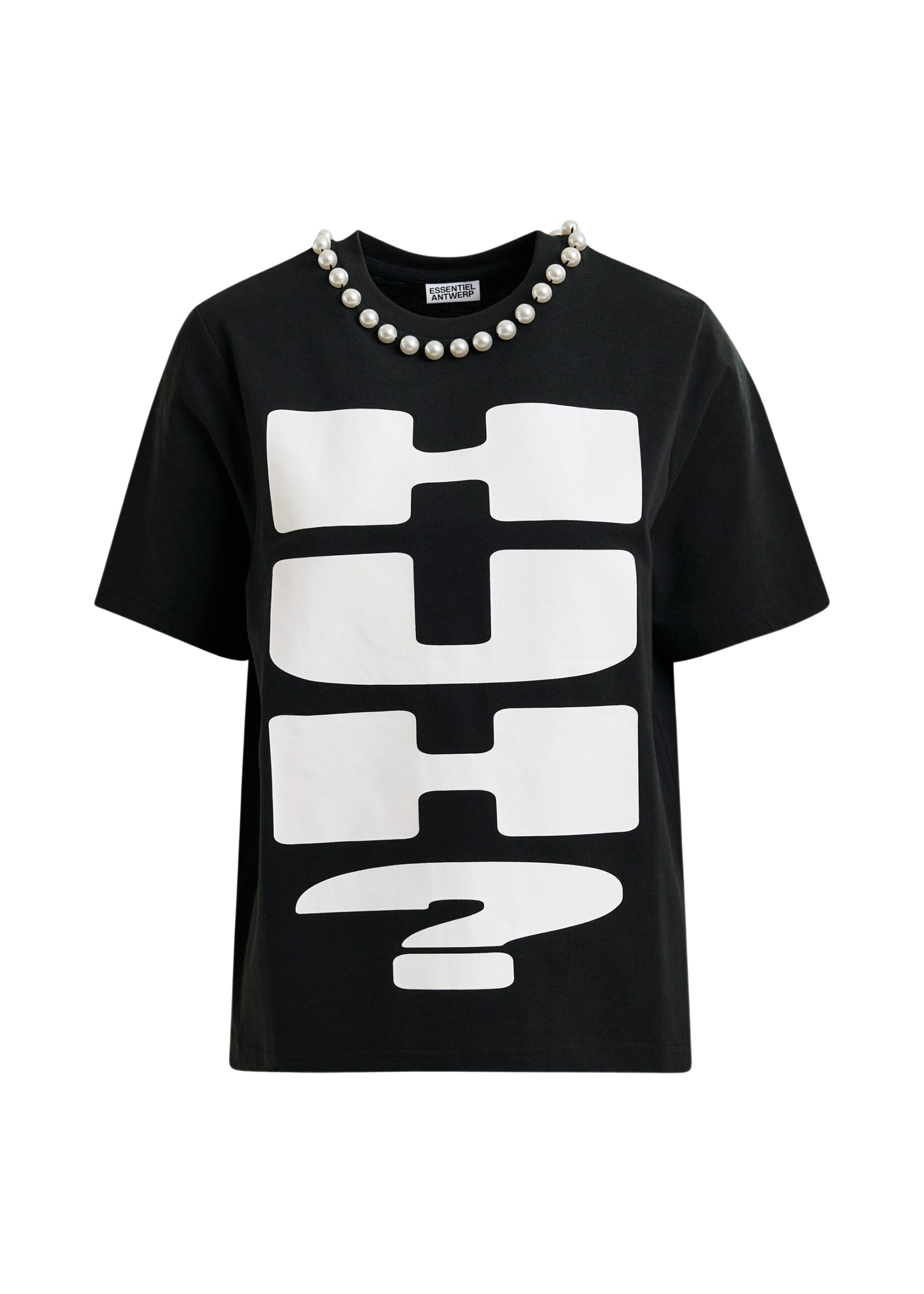 Essentiel Antwerp Black and white cotton T-shirt with “HUH?”- print and bead embellishments Top