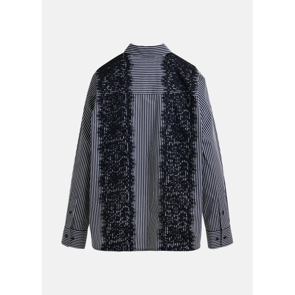 Essentiel Antwerp Black and white oversized striped cotton shirt with lace trims - Essentiel Antwerp Shirts - Colorful Belgian Design - Shop at Luxury Shoes 