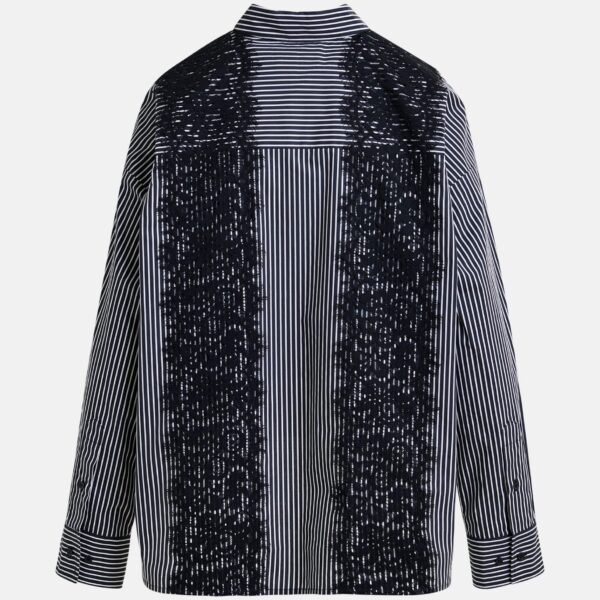 Essentiel Antwerp Black and white oversized striped cotton shirt with lace trims, view 2