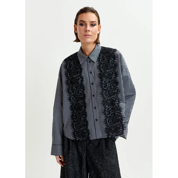 Essentiel Antwerp Black and white oversized striped cotton shirt with lace trims - Essentiel Antwerp Shirts - Colorful Belgian Design - Shop at Luxury Shoes 