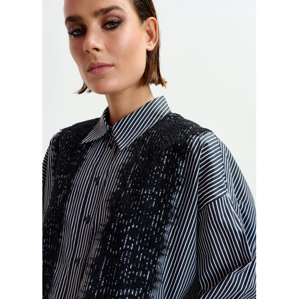 Essentiel Antwerp Black and white oversized striped cotton shirt with lace trims - Essentiel Antwerp Shirts - Colorful Belgian Design - Shop at Luxury Shoes 