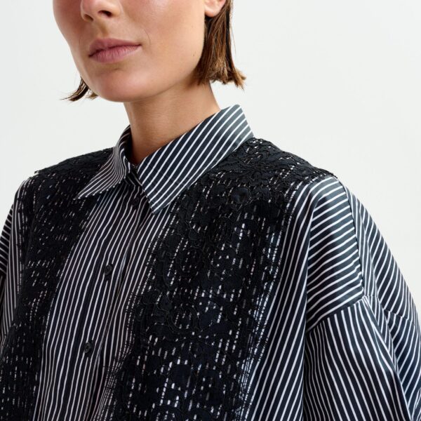 Essentiel Antwerp Black and white oversized striped cotton shirt with lace trims, view 5