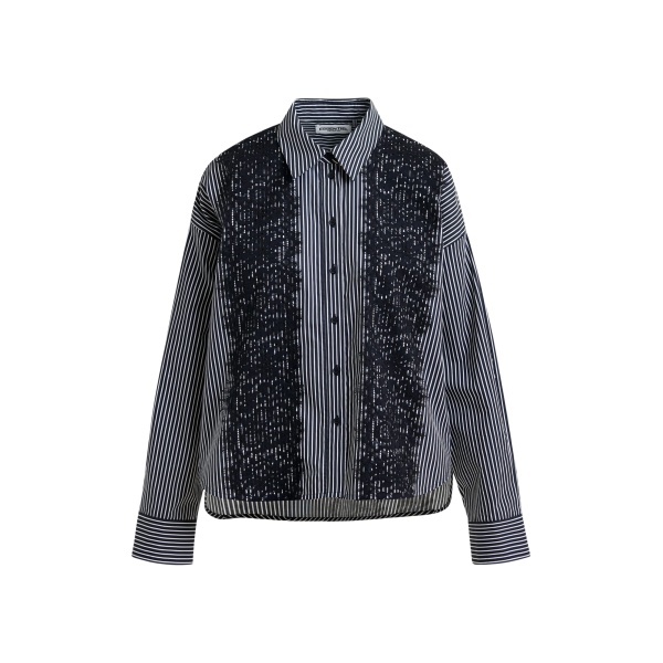 Essentiel Antwerp Black and white oversized striped cotton shirt with lace trims - Essentiel Antwerp Shirts - Colorful Belgian Design - Shop at Luxury Shoes 