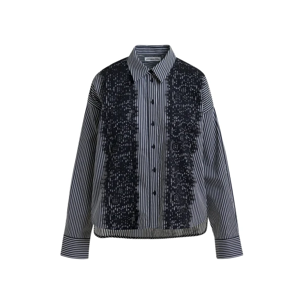 Essentiel Antwerp Black and white oversized striped cotton shirt with lace trims - Essentiel Antwerp Shirts - Colorful Belgian Design - Shop at Luxury Shoes 