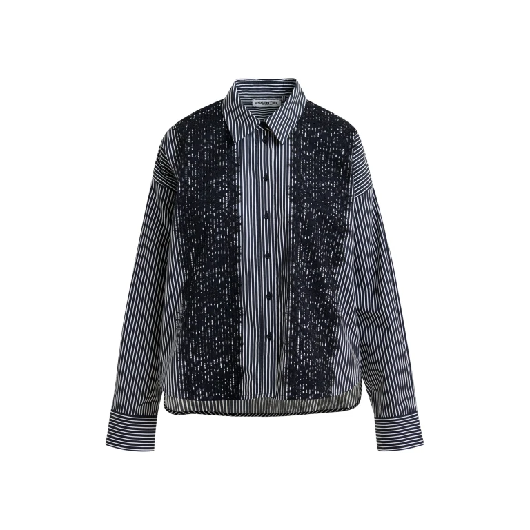 Essentiel Antwerp Black and white oversized striped cotton shirt with lace trims - Essentiel Antwerp Shirts - Colorful Belgian Design - Shop at Luxury Shoes 