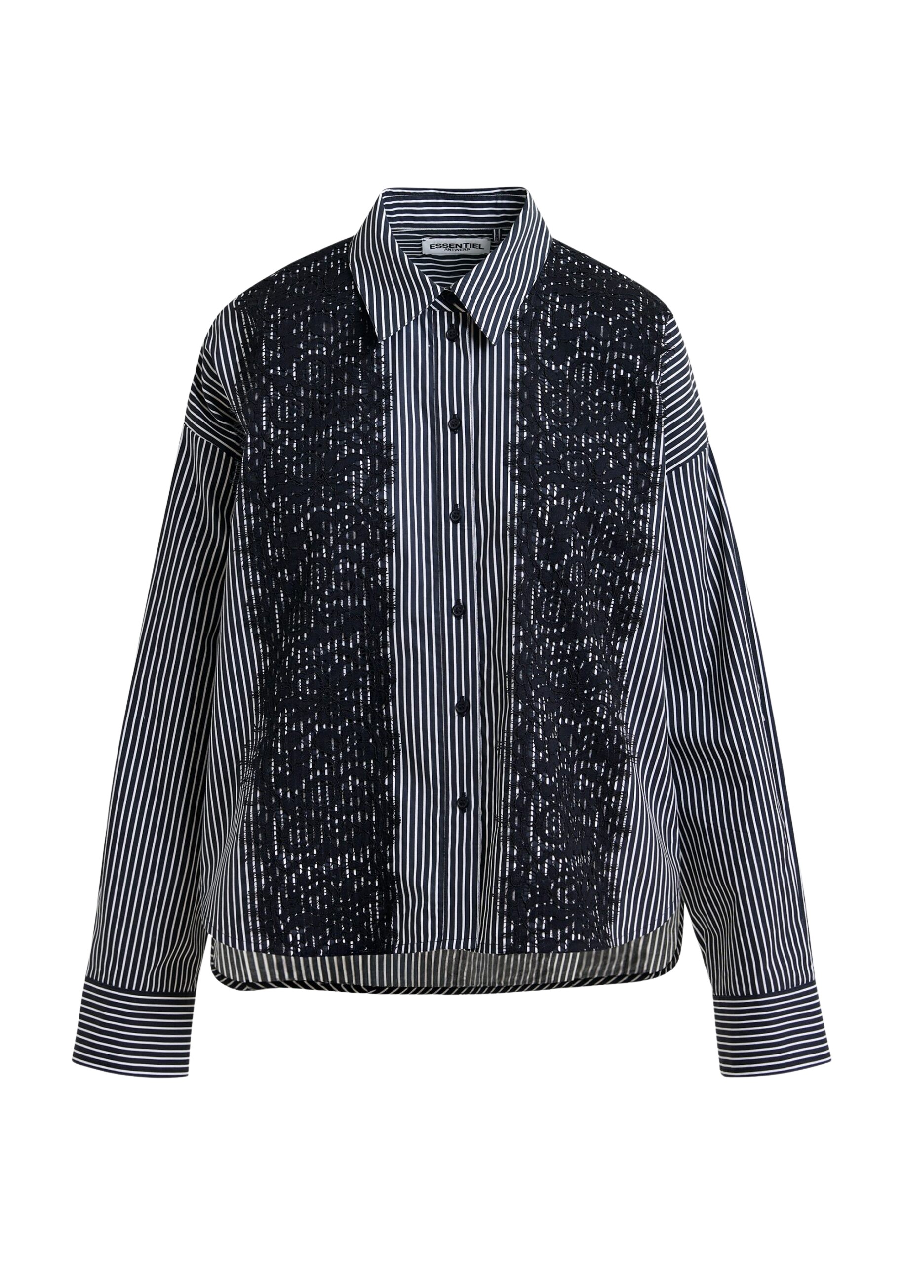 Essentiel Antwerp Black and white oversized striped cotton shirt with lace trims