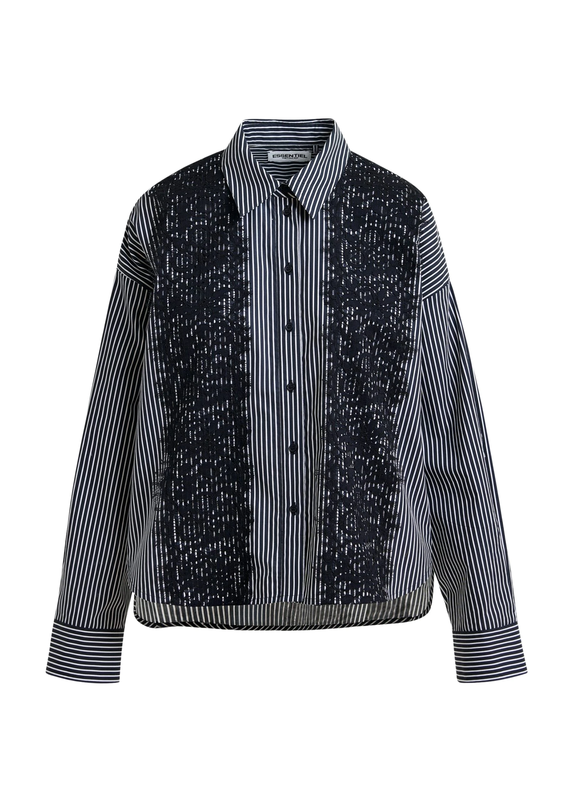 Black-and-white-oversized-striped-cotton-shirt-with-lace-trims-Essentiel-Antwerp-Shirts-scaled86581_nobg Essentiel Antwerp Black and white oversized striped cotton shirt with lace trims - Essentiel Antwerp Shirts - Colorful Belgian Design - Shop at Luxury Shoes
