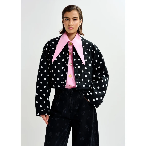 Essentiel Antwerp Black and white polka-dot cropped cotton jacket - Essentiel Antwerp Jackets - Colorful Belgian Design - Shop at Luxury Shoes 