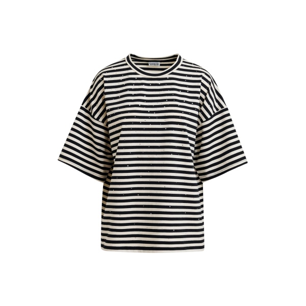 Essentiel Antwerp Black and white striped rhinestone-embellished oversized cotton T-shirt - Essentiel Antwerp Shirts - Colorful Belgian Design - Shop at Luxury Shoes 