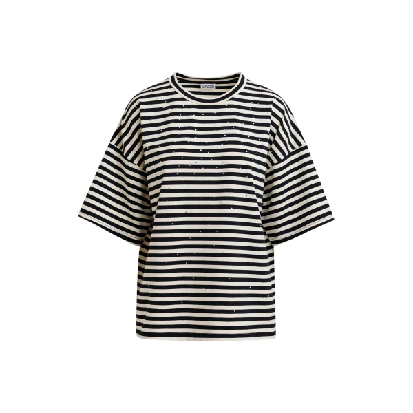 Essentiel Antwerp Black and white striped rhinestone-embellished oversized cotton T-shirt - Essentiel Antwerp Shirts - Colorful Belgian Design - Shop at Luxury Shoes 
