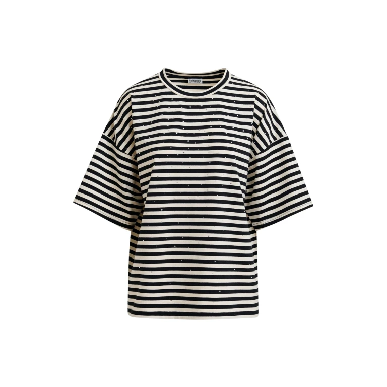 Essentiel Antwerp Black and white striped rhinestone-embellished oversized cotton T-shirt - Essentiel Antwerp Shirts - Colorful Belgian Design - Shop at Luxury Shoes 