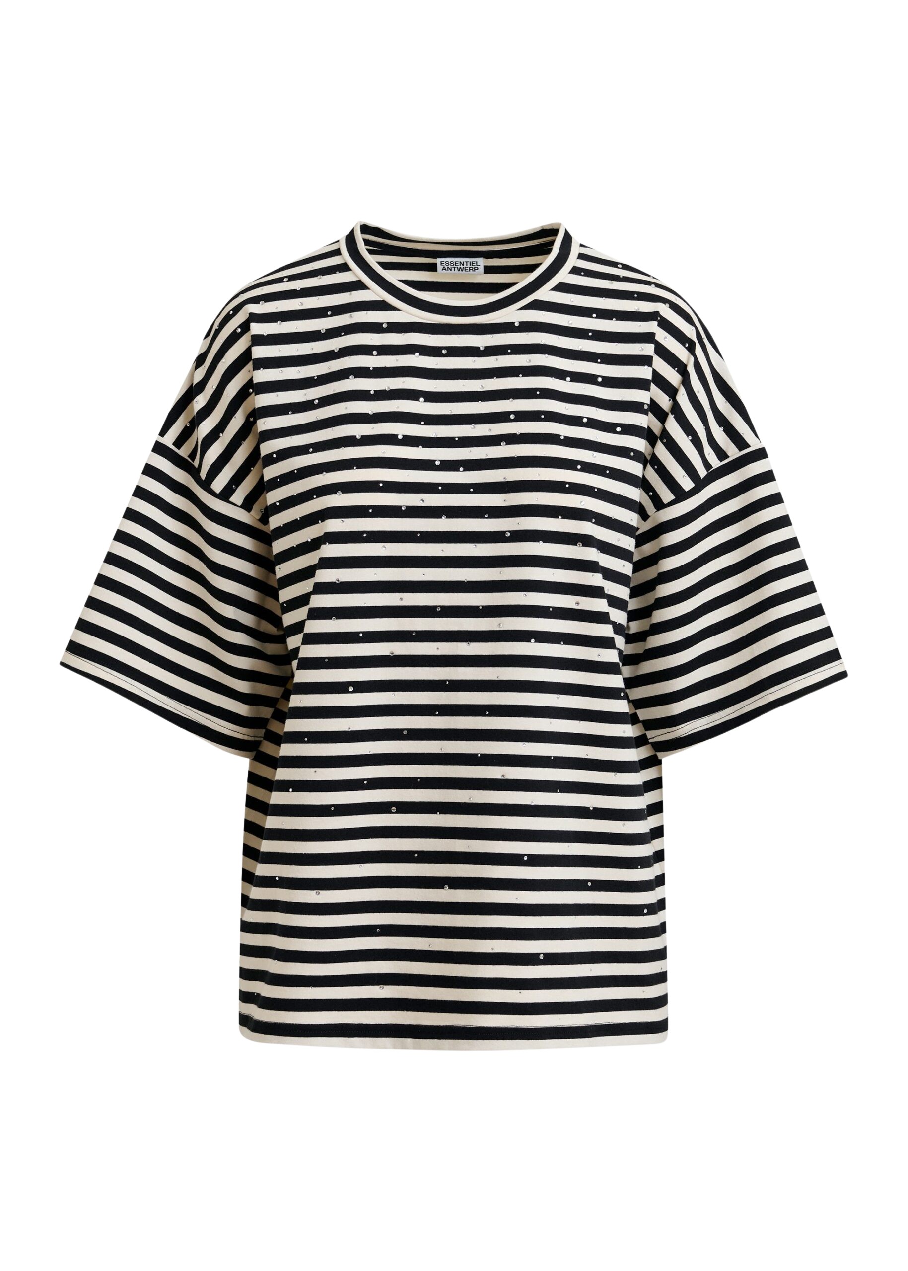 Essentiel Antwerp Black and white striped rhinestone-embellished oversized cotton T-shirt Top