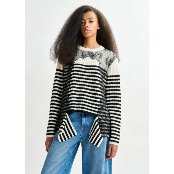 Essentiel Antwerp Black and white striped wool and lace-panel sweater - Essentiel Antwerp Knitwear - Colorful Belgian Design - Shop at Luxury Shoes 