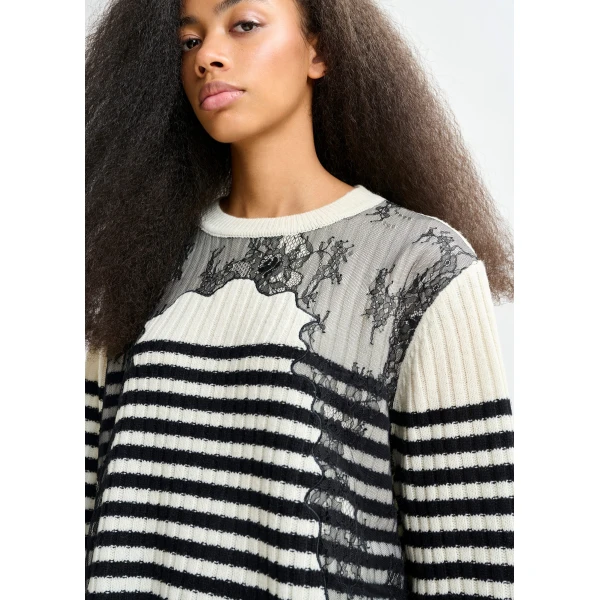 Essentiel Antwerp Black and white striped wool and lace-panel sweater - Essentiel Antwerp Knitwear - Colorful Belgian Design - Shop at Luxury Shoes 
