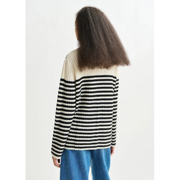 Essentiel Antwerp Black and white striped wool and lace-panel sweater - Essentiel Antwerp Knitwear - Colorful Belgian Design - Shop at Luxury Shoes 