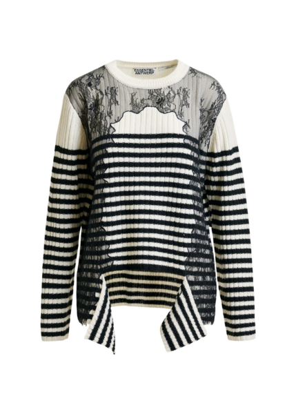 Essentiel Antwerp Black and white striped wool and lace-panel sweater - Essentiel Antwerp Knitwear - Colorful Belgian Design - Shop at Luxury Shoes 