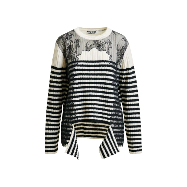 Essentiel Antwerp Black and white striped wool and lace-panel sweater - Essentiel Antwerp Knitwear - Colorful Belgian Design - Shop at Luxury Shoes 