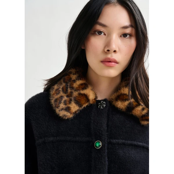 Essentiel Antwerp Black cardigan with removable leopard faux fur collar - Essentiel Antwerp Knitwear - Colorful Belgian Design - Shop at Luxury Shoes 