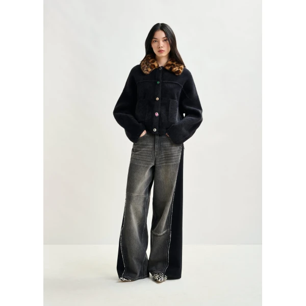 Essentiel Antwerp Black cardigan with removable leopard faux fur collar - Essentiel Antwerp Knitwear - Colorful Belgian Design - Shop at Luxury Shoes 