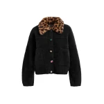 Essentiel Antwerp Black cardigan with removable leopard faux fur collar - Essentiel Antwerp Knitwear - Colorful Belgian Design - Shop at Luxury Shoes 