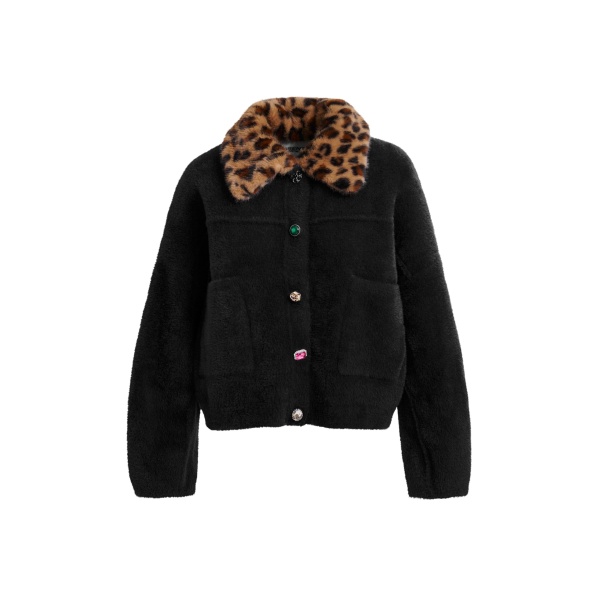 Essentiel Antwerp Black cardigan with removable leopard faux fur collar - Essentiel Antwerp Knitwear - Colorful Belgian Design - Shop at Luxury Shoes 