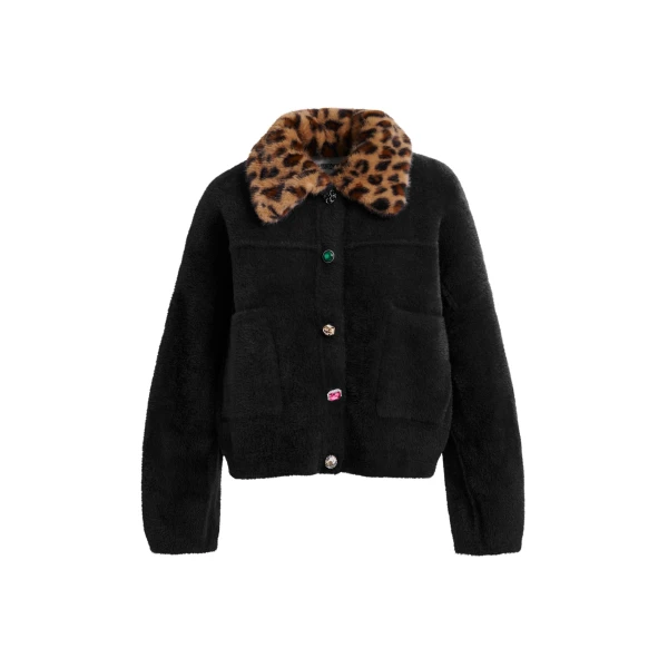 Essentiel Antwerp Black cardigan with removable leopard faux fur collar - Essentiel Antwerp Knitwear - Colorful Belgian Design - Shop at Luxury Shoes 