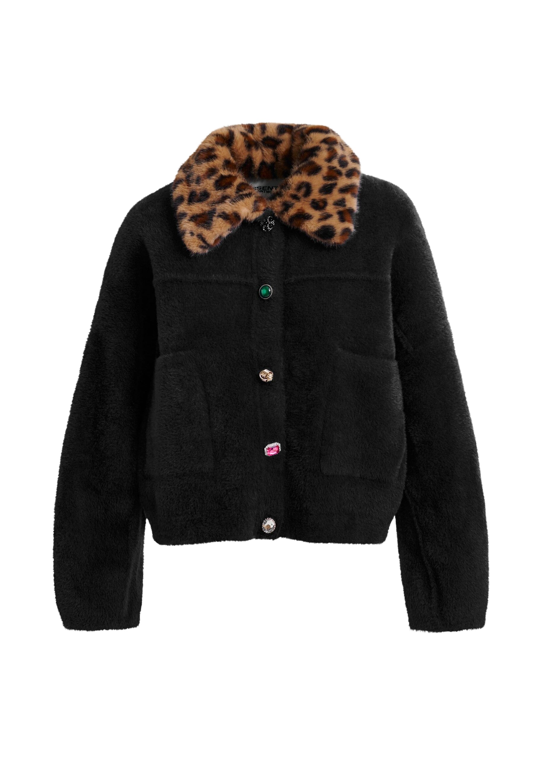 Essentiel Antwerp Black cardigan with removable leopard faux fur collar