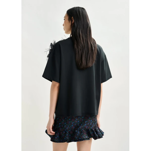 Essentiel Antwerp Black cotton T-shirt with floral detail - Essentiel Antwerp Shirts - Colorful Belgian Design - Shop at Luxury Shoes 