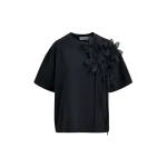 Essentiel Antwerp Black cotton T-shirt with floral detail - Essentiel Antwerp Shirts - Colorful Belgian Design - Shop at Luxury Shoes 
