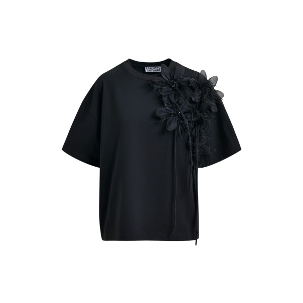 Essentiel Antwerp Black cotton T-shirt with floral detail - Essentiel Antwerp Shirts - Colorful Belgian Design - Shop at Luxury Shoes 