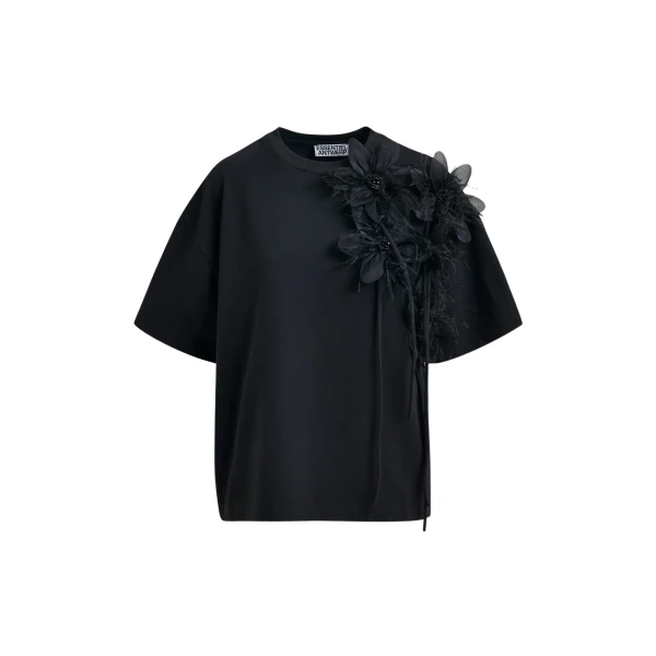 Essentiel Antwerp Black cotton T-shirt with floral detail - Essentiel Antwerp Shirts - Colorful Belgian Design - Shop at Luxury Shoes 