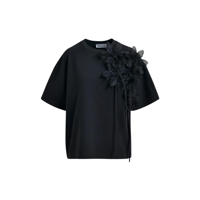 Essentiel Antwerp Black cotton T-shirt with floral detail - Essentiel Antwerp Shirts - Colorful Belgian Design - Shop at Luxury Shoes 