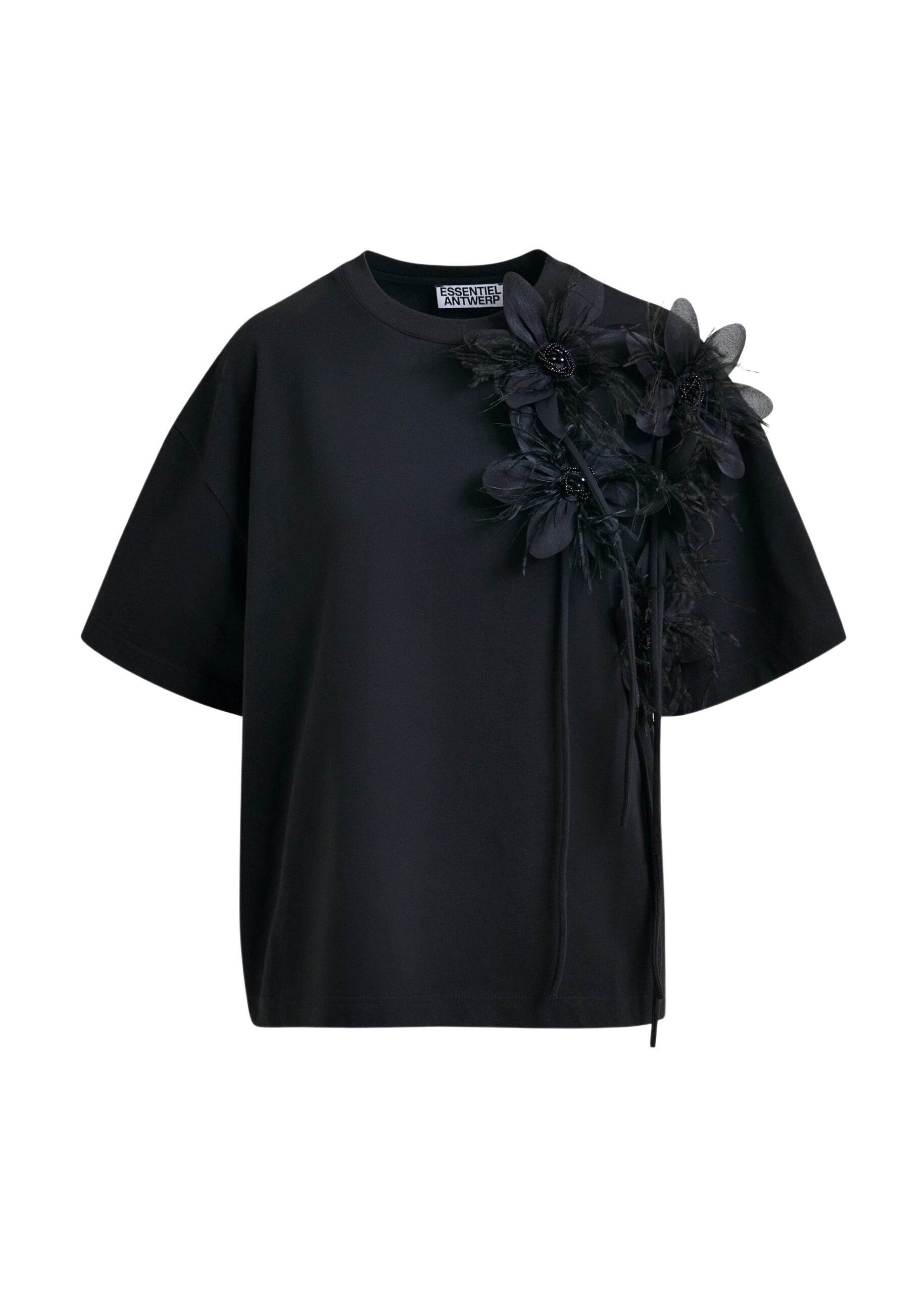 Essentiel Antwerp Black cotton T-shirt with floral detail Top