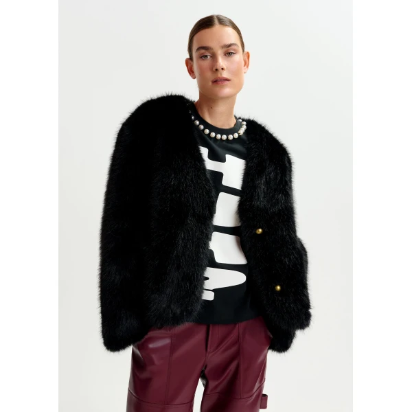 Essentiel Antwerp Black faux fur jacket - Essentiel Antwerp Jackets - Colorful Belgian Design - Shop at Luxury Shoes 