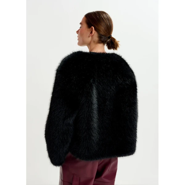 Essentiel Antwerp Black faux fur jacket - Essentiel Antwerp Jackets - Colorful Belgian Design - Shop at Luxury Shoes 