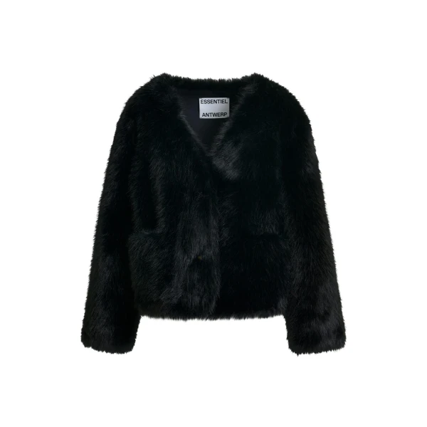 Essentiel Antwerp Black faux fur jacket - Essentiel Antwerp Jackets - Colorful Belgian Design - Shop at Luxury Shoes 