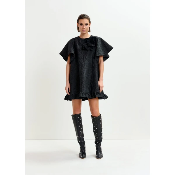 Essentiel Antwerp Black jacquard A-line mini dress with flower brooch - Essentiel Antwerp Dresses - Colorful Belgian Design - Shop at Luxury Shoes 