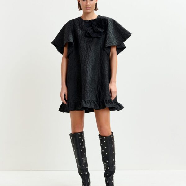 Essentiel Antwerp Black jacquard A-line mini dress with flower brooch, view 2