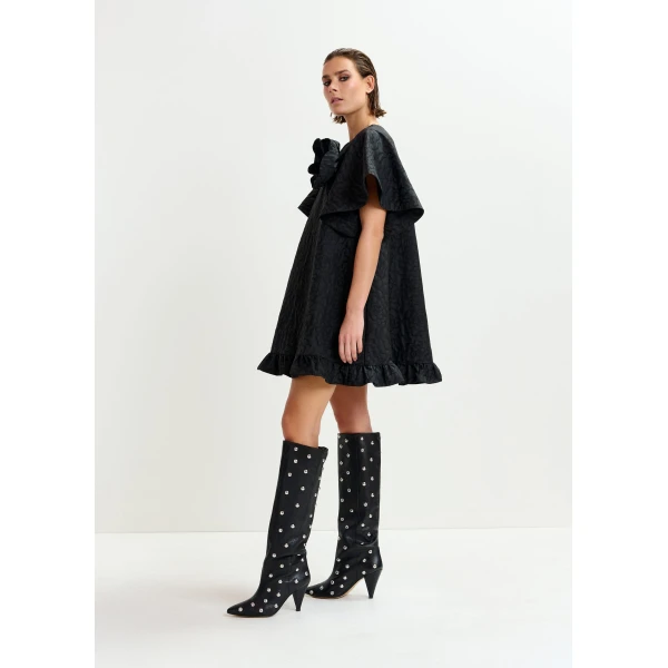 Essentiel Antwerp Black jacquard A-line mini dress with flower brooch - Essentiel Antwerp Dresses - Colorful Belgian Design - Shop at Luxury Shoes 