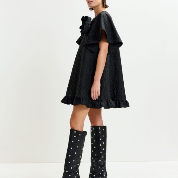 Essentiel Antwerp Black jacquard A-line mini dress with flower brooch, view 3