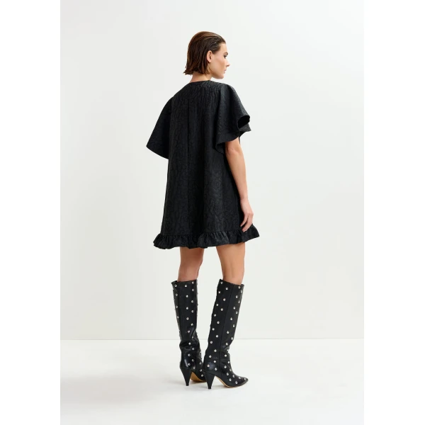 Essentiel Antwerp Black jacquard A-line mini dress with flower brooch - Essentiel Antwerp Dresses - Colorful Belgian Design - Shop at Luxury Shoes 