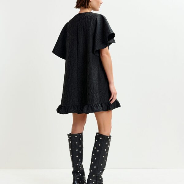 Essentiel Antwerp Black jacquard A-line mini dress with flower brooch, view 4