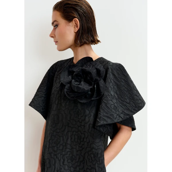 Essentiel Antwerp Black jacquard A-line mini dress with flower brooch - Essentiel Antwerp Dresses - Colorful Belgian Design - Shop at Luxury Shoes 