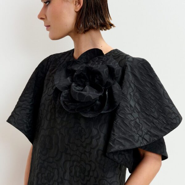 Essentiel Antwerp Black jacquard A-line mini dress with flower brooch, view 5